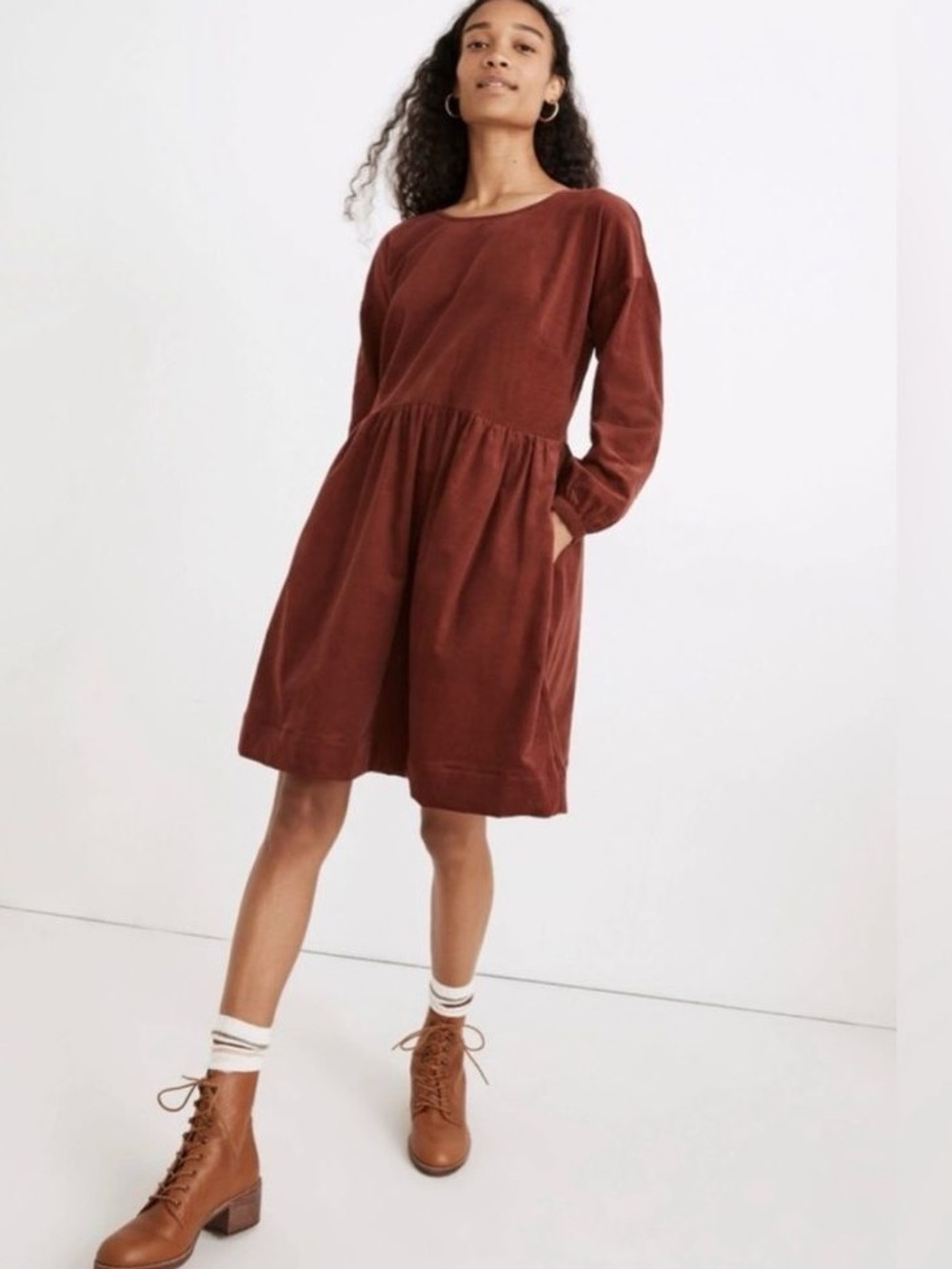 Madewell Corduroy Puff 3/4 Sleeve Mini Dress Large Rust Orange